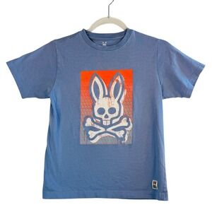 Psycho Bunny Boys L 14/16‎ Graphic Tee Blue Orange Skull Bunny Logo Shirt